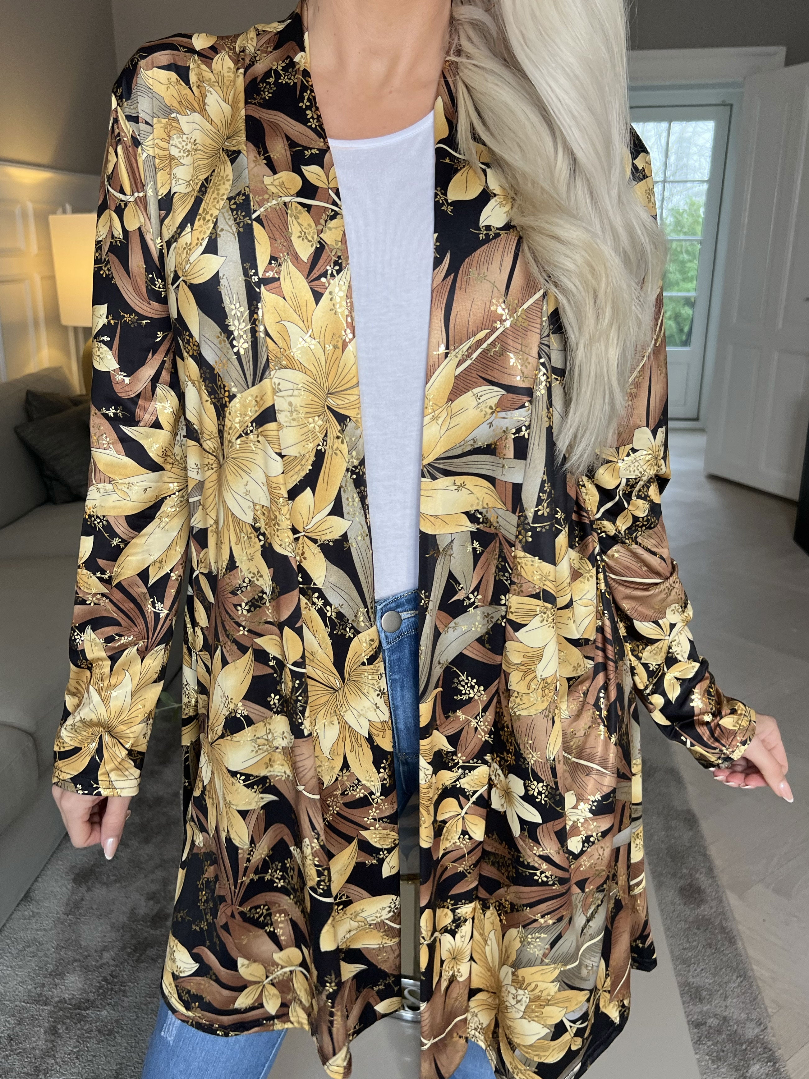 Rosa Gold Flower - Elastisk cardigan med tryck
